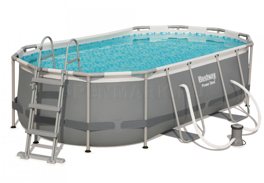 Каркасный бассейн Bestway 56620 Power Steel Oval Frame Pool (427 х 250 х 100 см) + фильтрующий картриджный насос + лестница