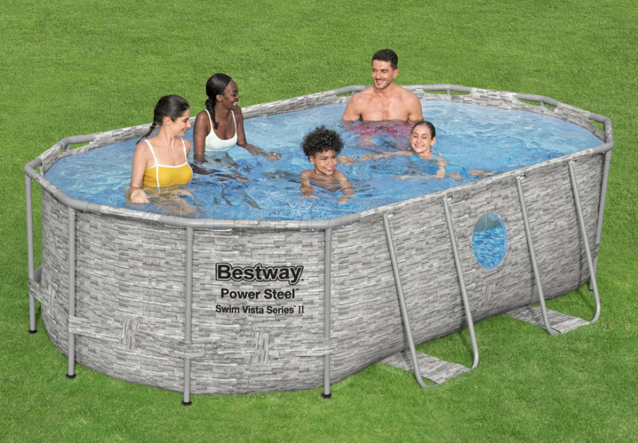 Каркасный бассейн Bestway 56714 Power Steel Swim Vista Frame Pool (427 х 250 х 100 см) + фильтрующий картриджный насос + аксессуары