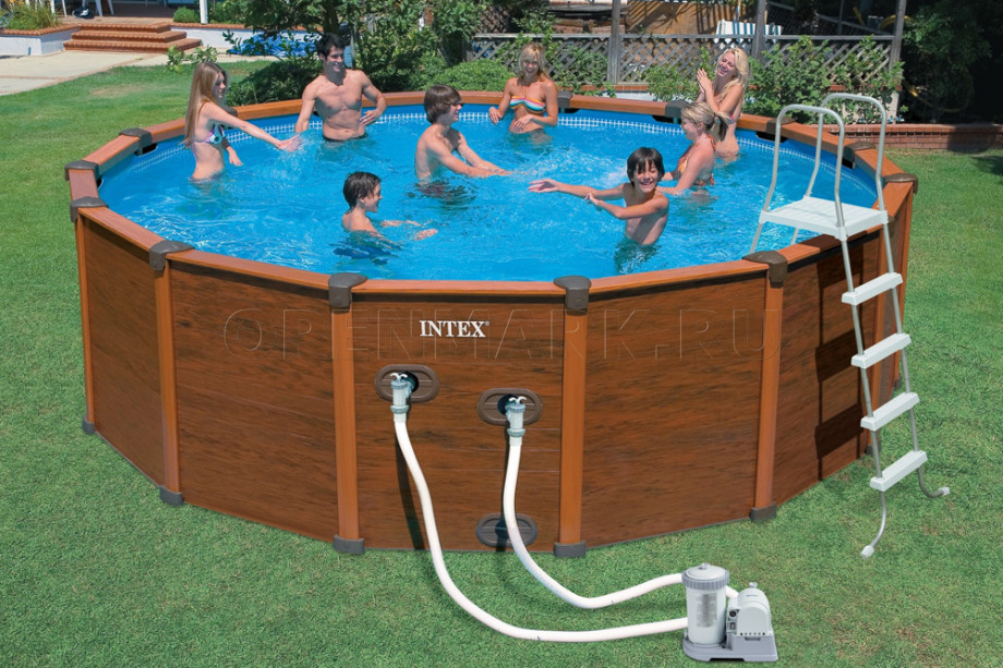 Каркасный бассейн Intex 54462 Sequoia Spirit Wood-Grainn Frame Pool (508 х 124 см) + фильтрующий картриджный насос + аксессуары