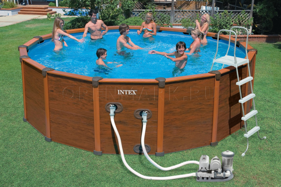 Каркасный бассейн Intex 54464 Sequoia Spirit Wood-Grainn Frame Pool (508 х 124 см) + фильтрующий картриджный насос с хлоргенератором + аксессуары