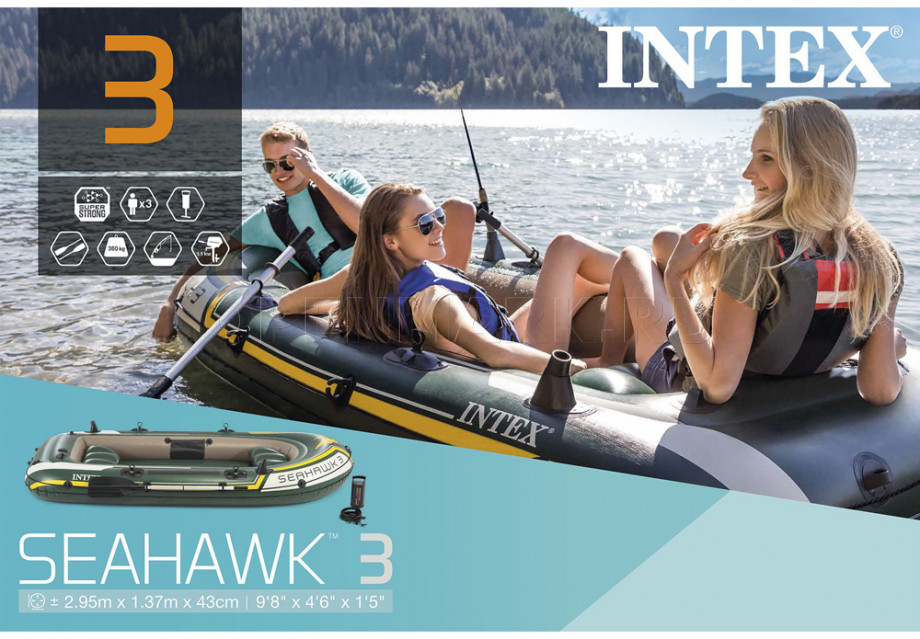 Трехместная надувная лодка Intex 68380NP Seahawk-3 Set + алюминиевые вёсла и насос