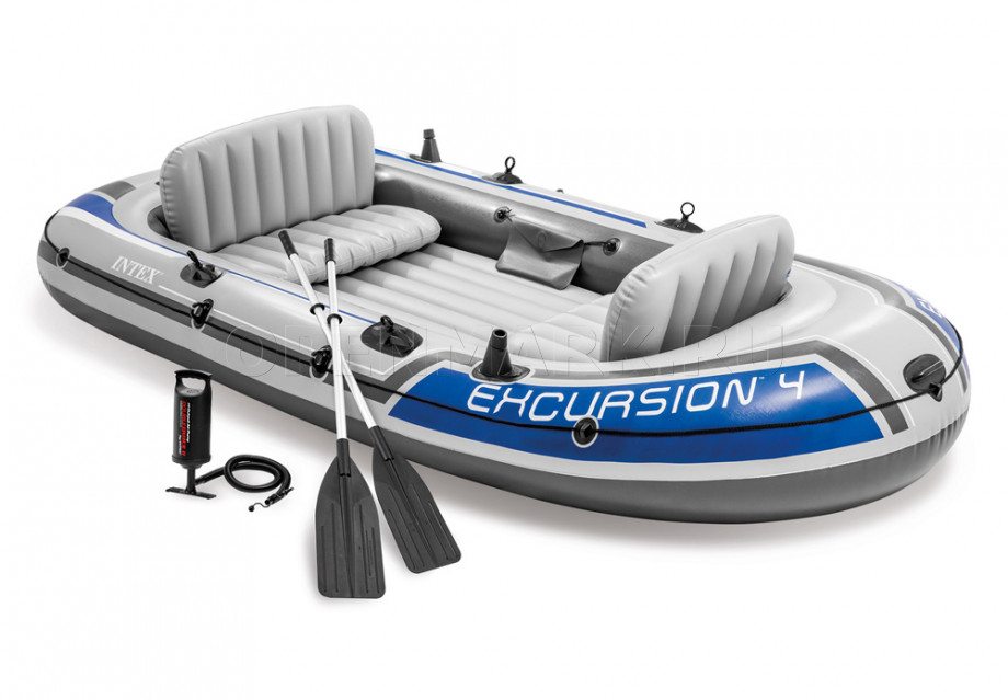 Четырехместная надувная лодка Intex 68324NP Excursion-4 Set + алюминиевые вёсла и насос