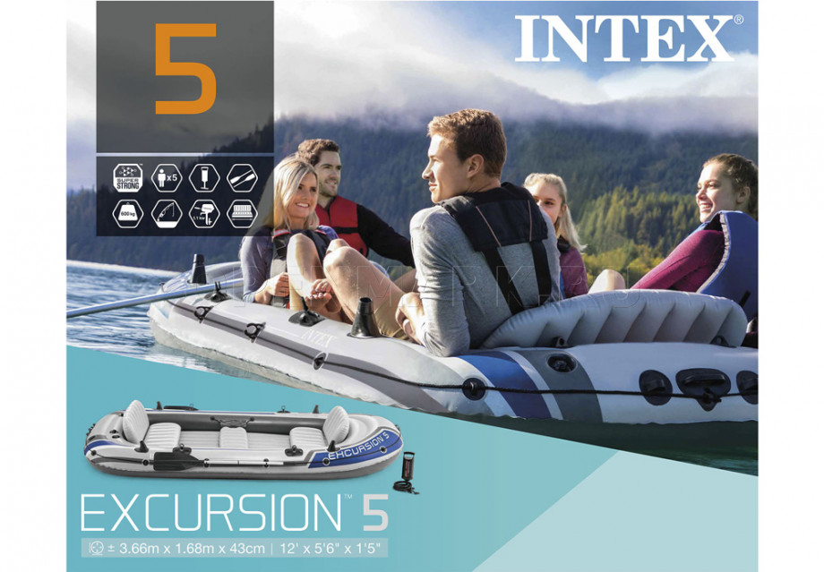 Пятиместная надувная лодка Intex 68325NP Excursion-5 Set + алюминиевые вёсла и насос