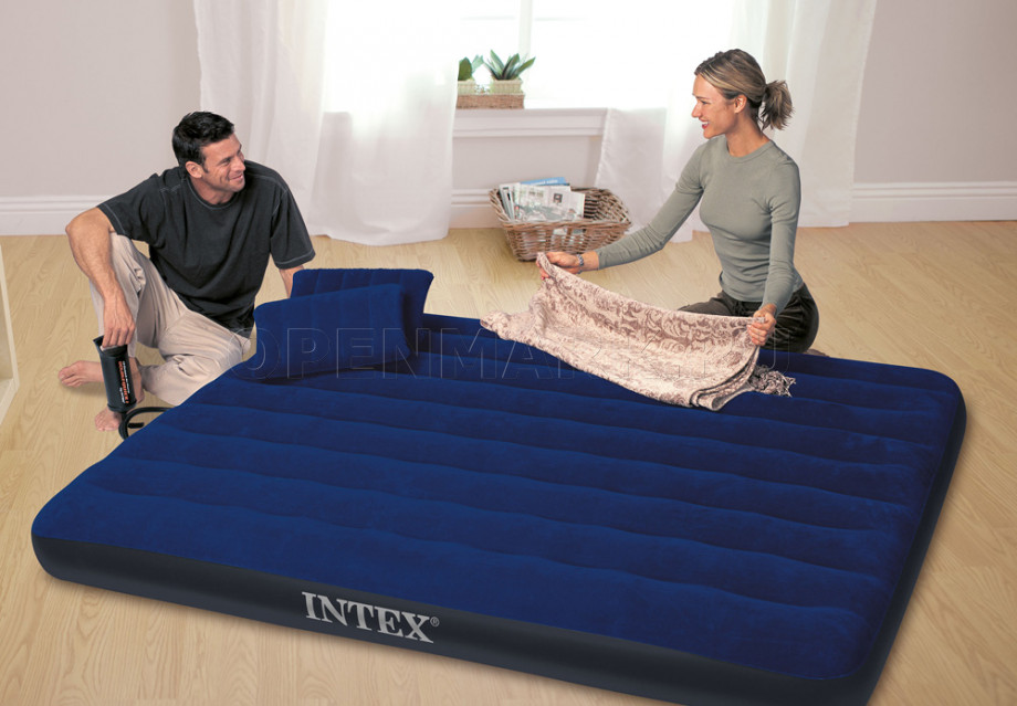 Двуспальный надувной матрас Intex 64765 Classic Downy Airbed + ручной насос + 2 подушки